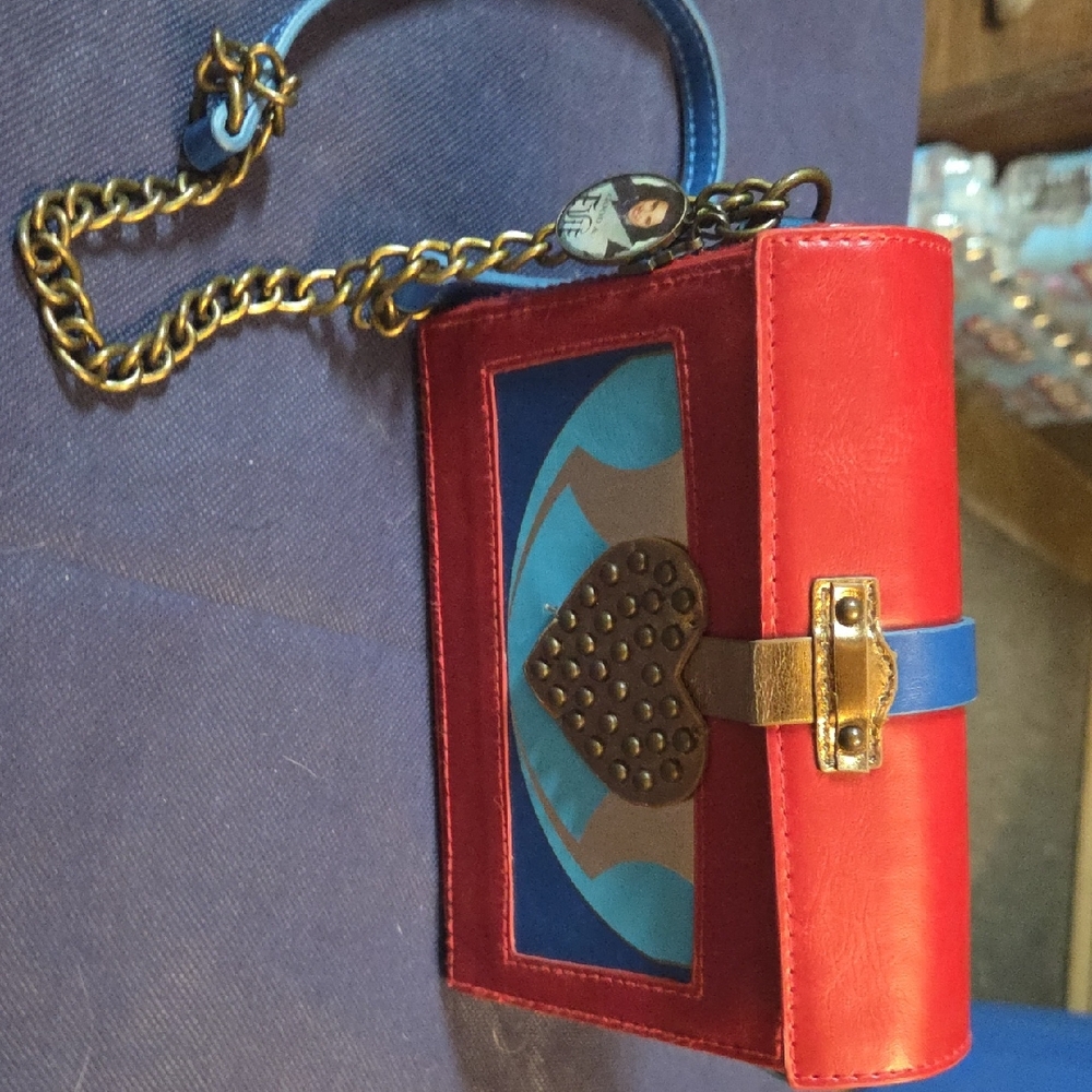 Red and Blue Crossbody Wallet with Studded Heart Accent